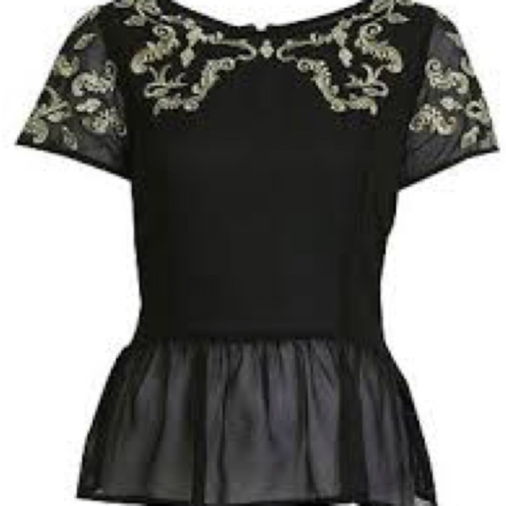 Do & Be Black Peplum Mesh Top w/ Gold Embroidery